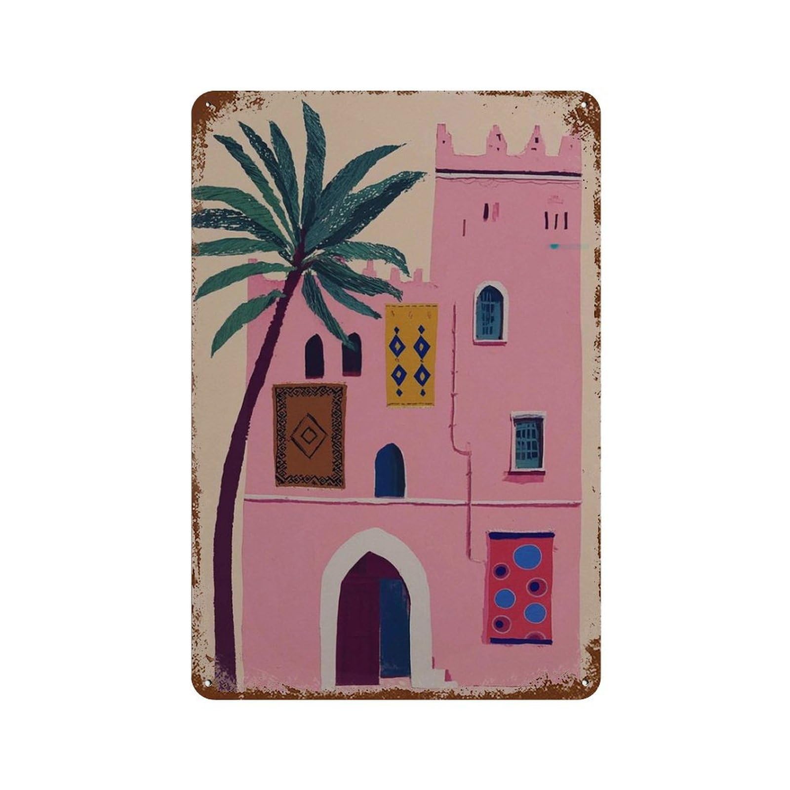 xiaoxiaoshen Moroccan Gouache Painting Pink Marrakech Architecture Palm Tree Boho Travel Exot Wall Decor Art Metal Tin Poster Modern Home Decor Art Home Bar Shop Decorations Vintage Sign 30x20cm