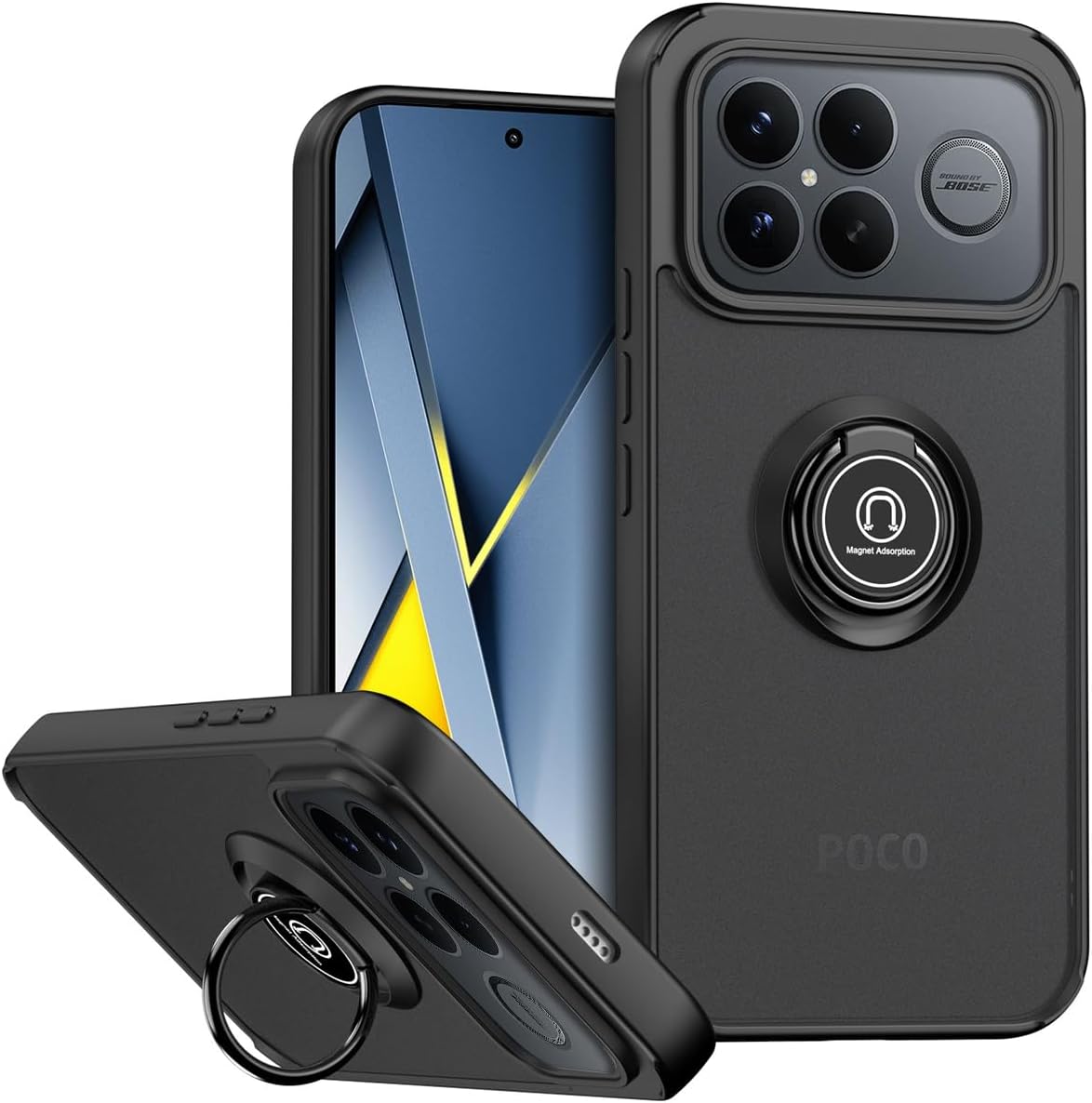 QUIETIP Case for XIAOMI Poco F8 Ultra with Screen Protector,Magnetic Ring Car Stand Silicone Translucent Matte Drop Protection Cover,Black