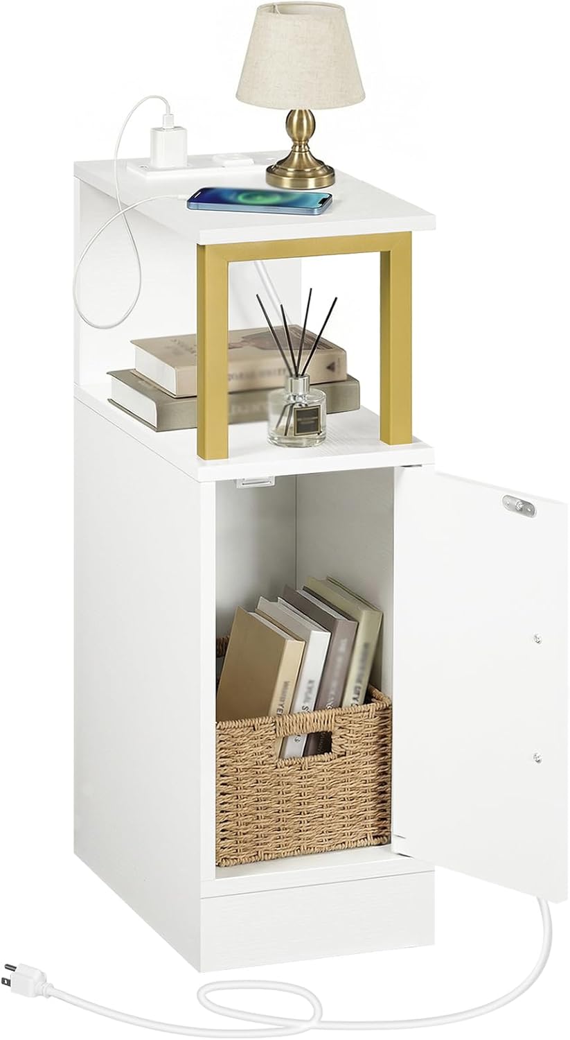 Narrow Nightstand, Slim Night Stand with Charging Station, Bedside Table with Cabinet, Skinny End Table for Small Spaces, Bed Side Cabinet for Bedroom, Living Room, White and Gold ET27UDW