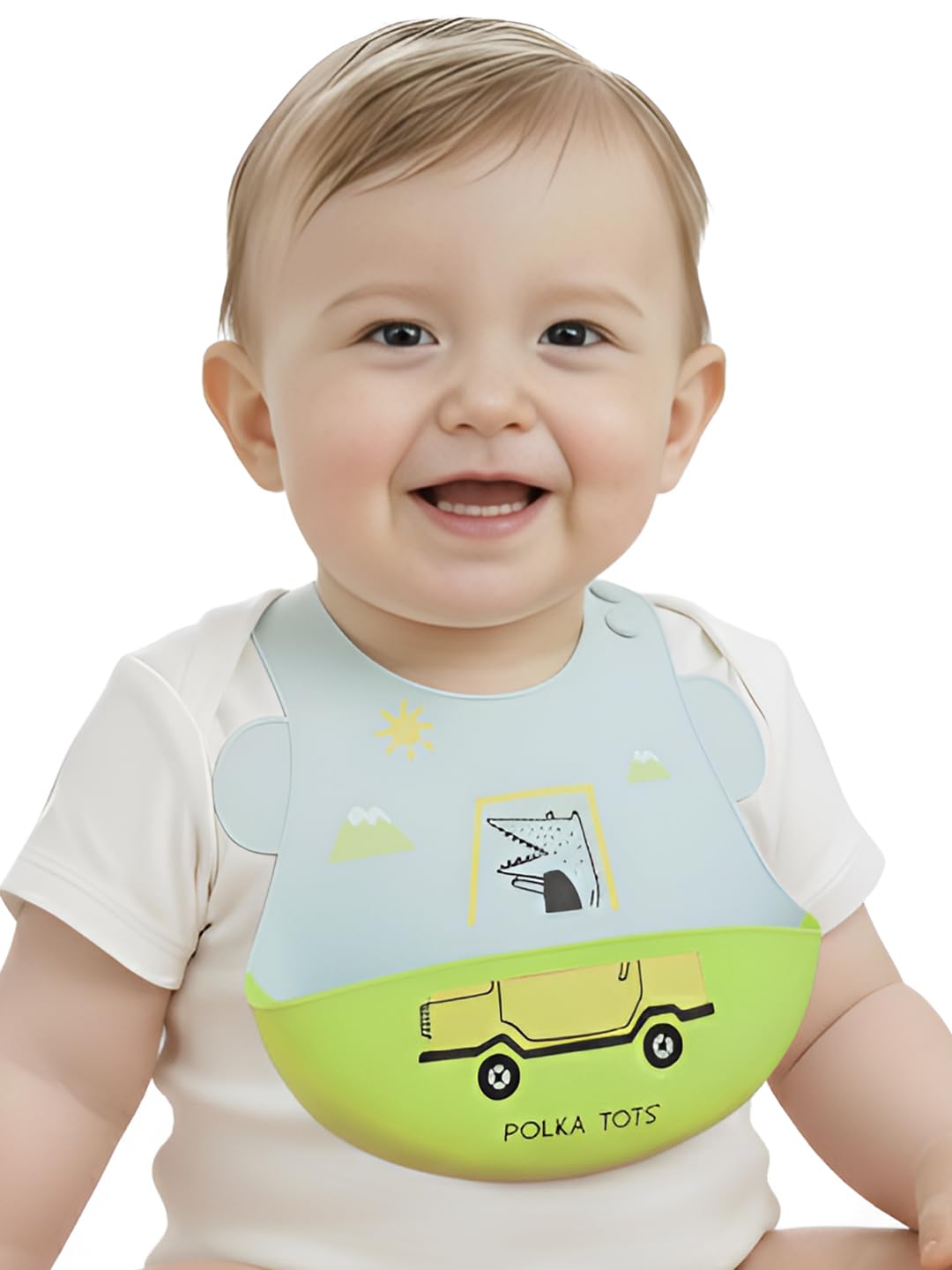 POLKA TOTS Waterproof Silicone Bibs with Adjustable Snap Buttons, Super Absorbent, Soft, Comfortable & Lightweight for Feeding Infants & Baby Toddlers (Green Car, 4 Months to 3 Years)-image-19