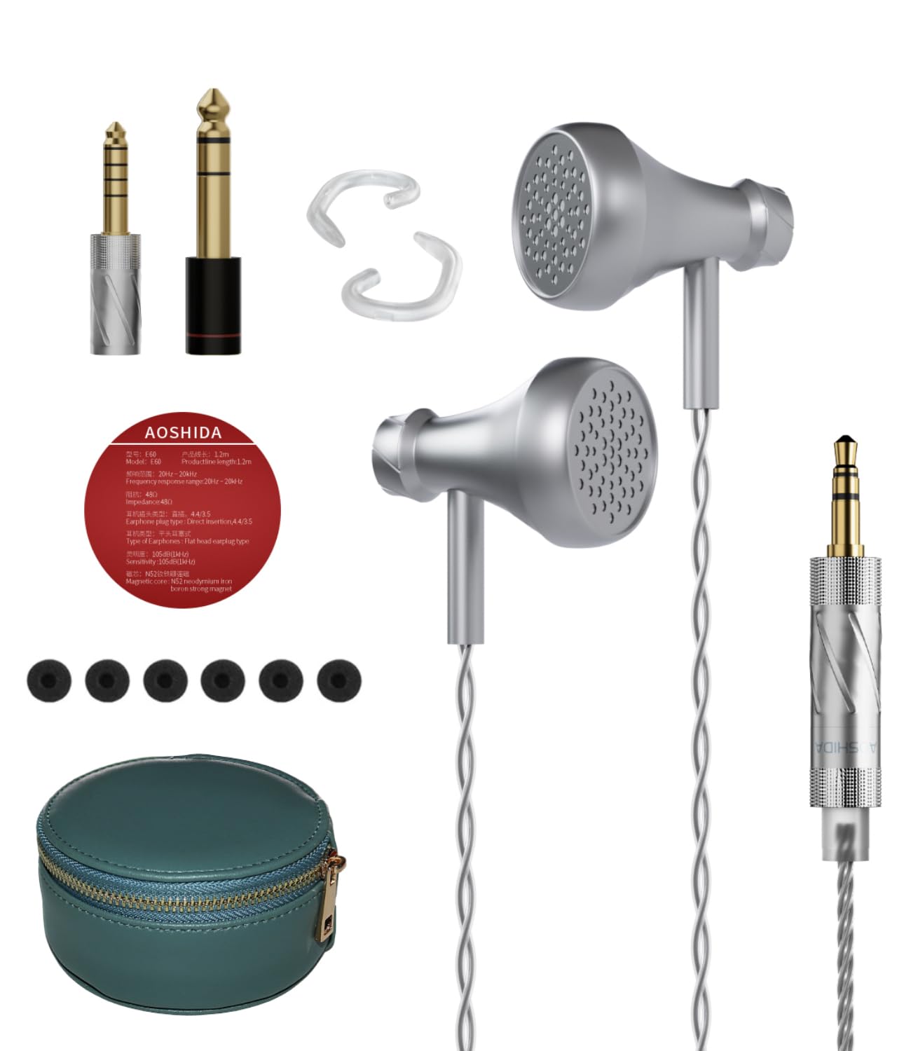 AOSHIDA E60 Wired Earbuds, Wired Earphones Lightweight Aluminum in-Ear Earphones, Flat Head Earbud Noise Isolation Corded for 3.5mm 4.4mm 6.35mm Jack,