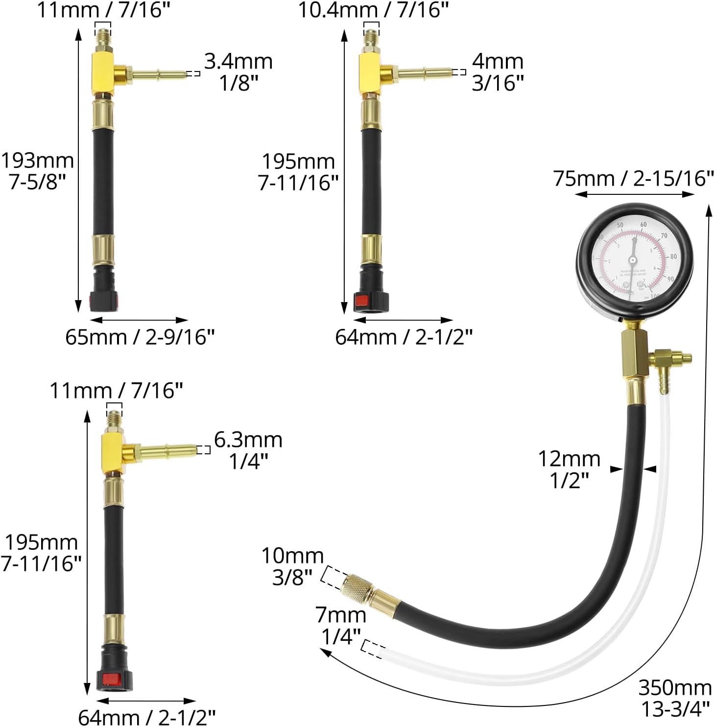QWORK Universal Fuel Pressure Test Kit, Dual Scale Gauge (0-7 bar/0-100 psi) with Multiple Adapter Sizes, Brass Connectors