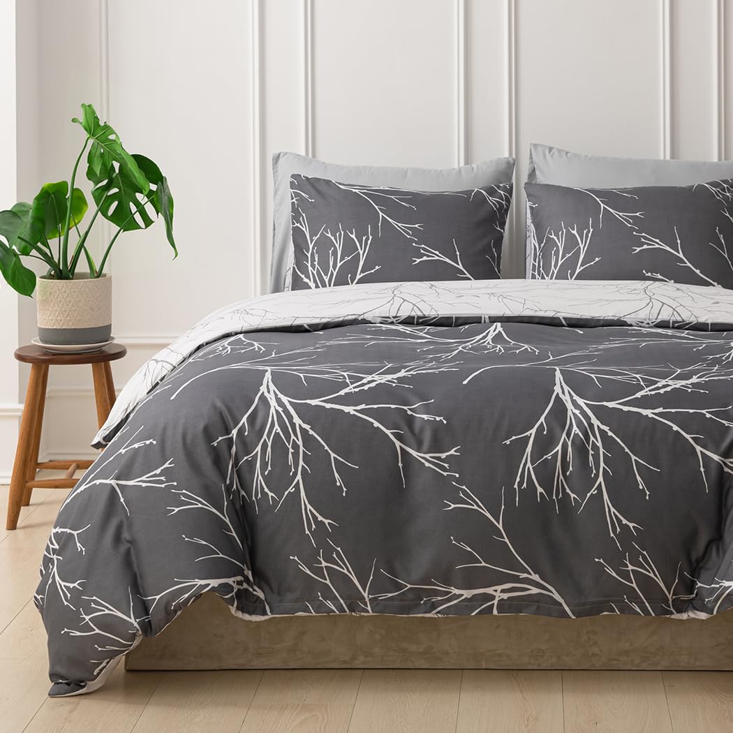 Tokokimo Grey Single Duvet Cover Set, Botanical Branches Printed Single Bedding Sets 2pcs (1x Duvet Cover + 1x Pillowcase), Soft Microfibre Single Duvet Cover 135x200 cm, Grey/Printed