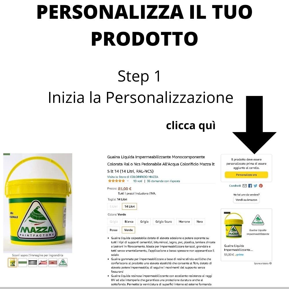Mazza Colorificio Guaina Liquida Impermeabilizzante Monocomponente Colorata Pedonabile All’Acqua lt 5 (5 Litri, Personalizzabile RAL NCS)
