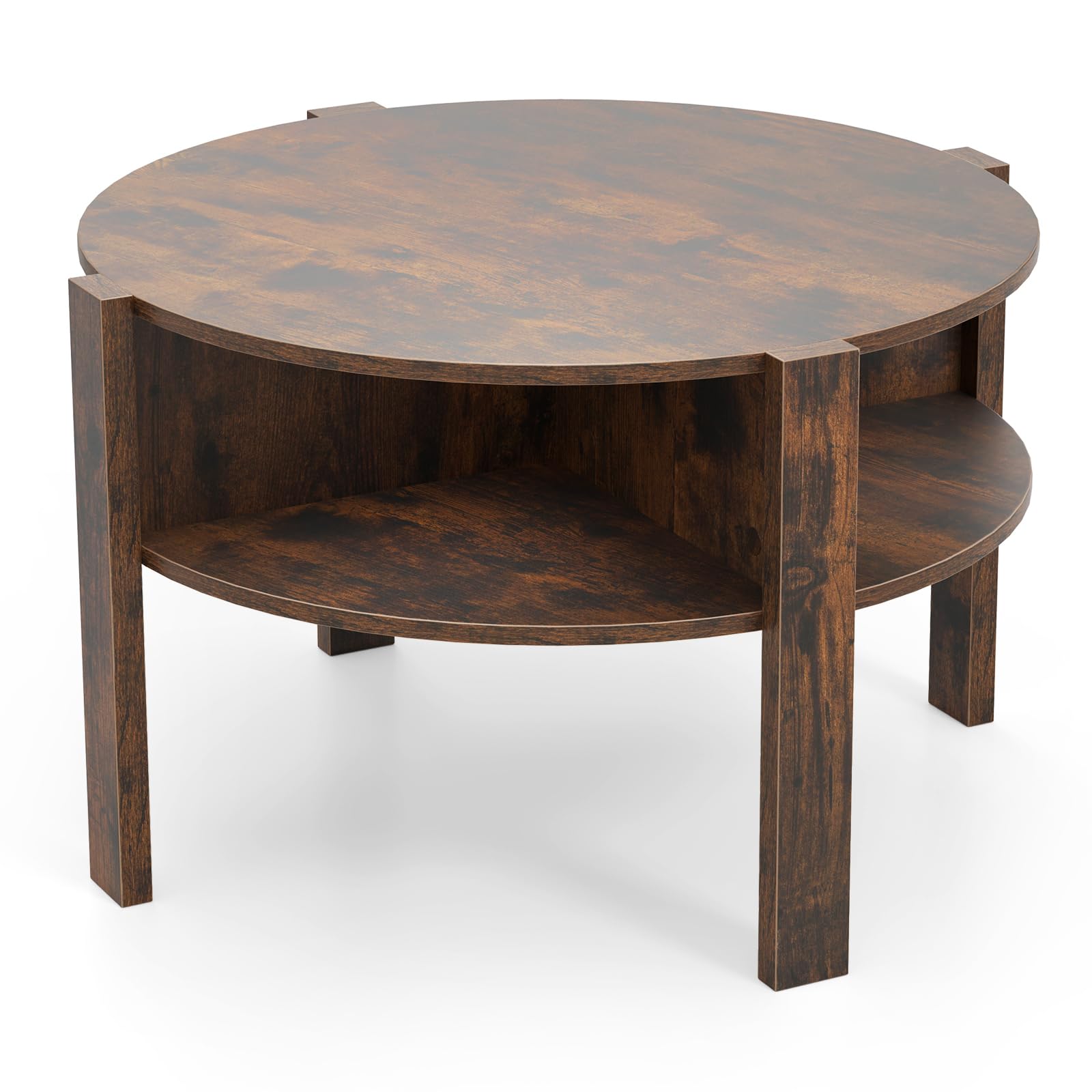 LIFEZEAL Tavolino Salotto Rotondo a 2 Ripiani con 4 Scomparti Aperti, in Legno, Tavolino da Caffè, Divano, Tavolo Soggiorno, Industriale, Salvaspazio, Semplice, Ø74,5x45,5cm, Max 100kg, Marrone