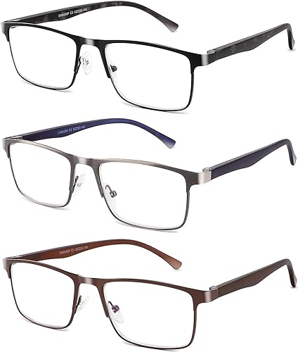 CRGATV Paquete de 3 lentes de lectura para hombre, filtro de luz azul, marco completo, lectores de metal, antiUV, fatiga oculardeslumbramiento