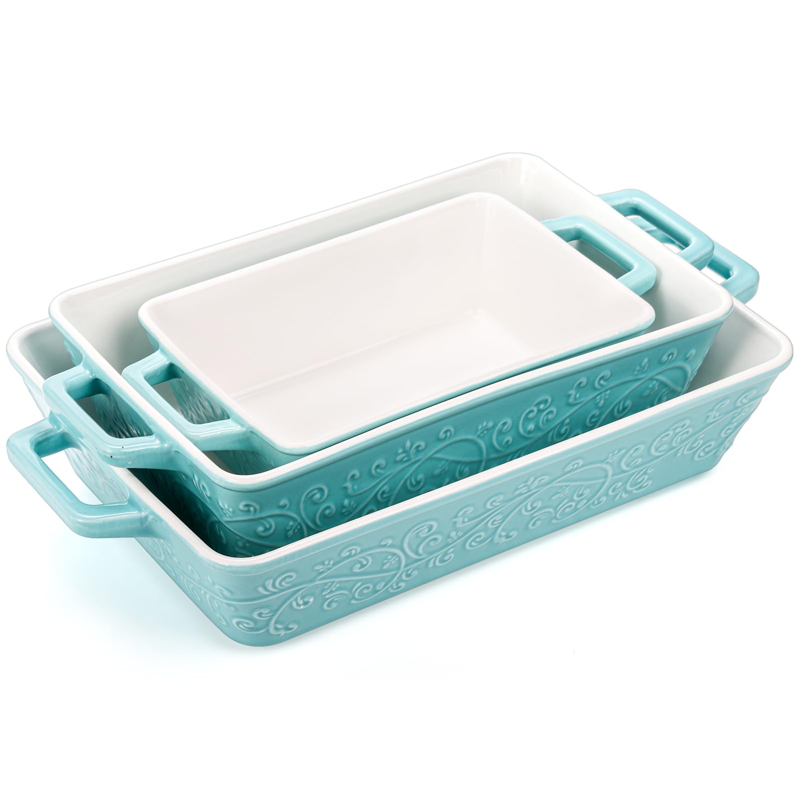 Okllen Set mit 3 Auflaufformen für den Ofen, Keramik-Backformen mit Griffen, rechteckige Lasagne-Pfanne, Backformen-Set zum Backen, Kochen, Braten, Grillen, Gratin, Hochzeits- und Einweihungsgeschenk,