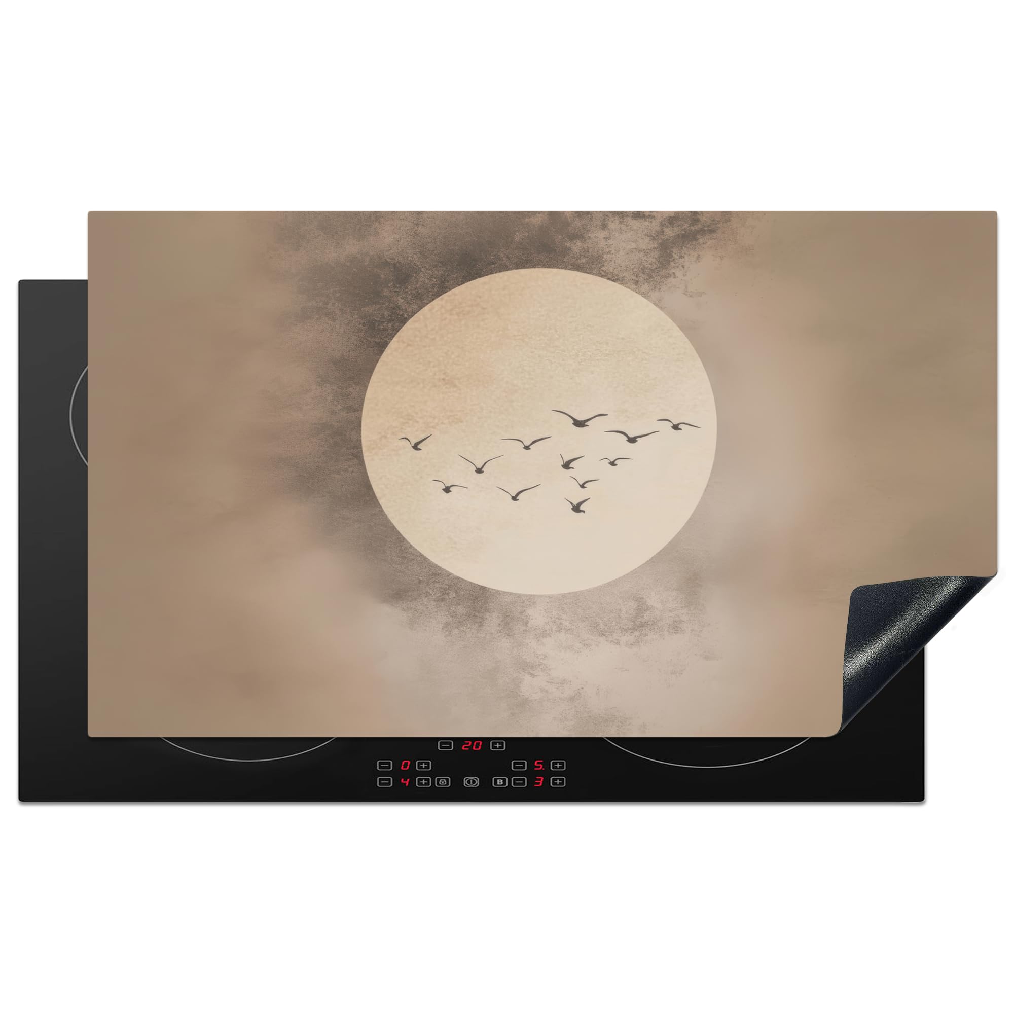 KitchenYeah© Induction Hob Cover Protector Mat 20.5"x35.9" / 91.2x52 cm Kitchen Universal Ceramic Covers for Electric Cookers Vinyl Bird - Beige - Japandi — image 1