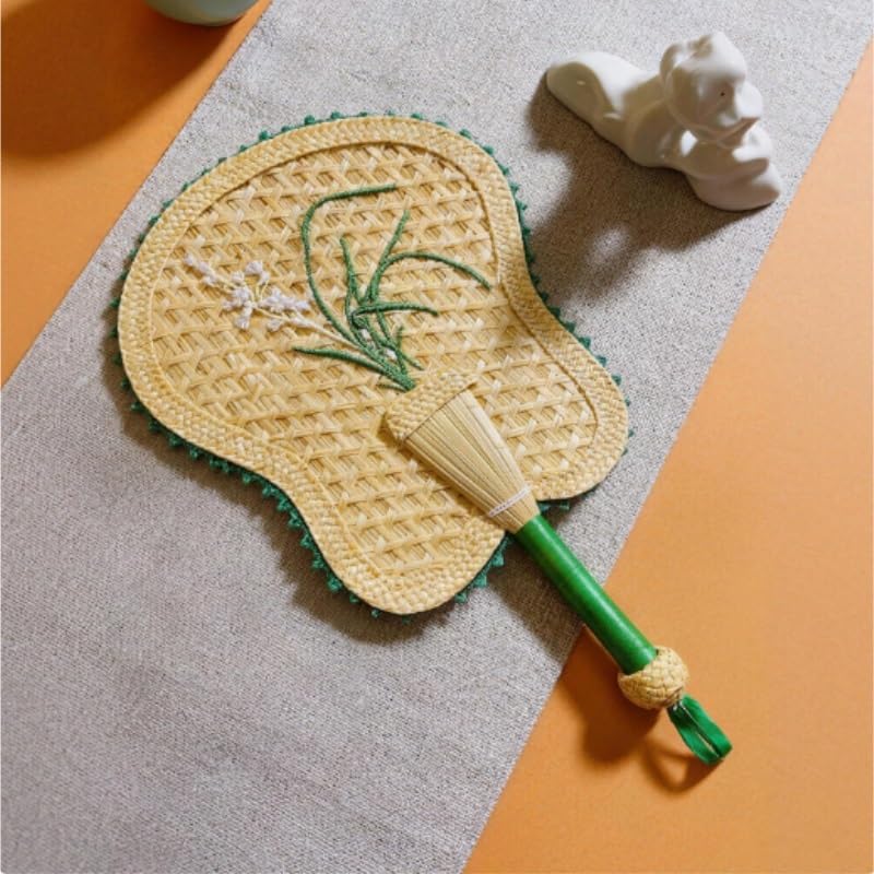 Natural Woven Hand Fan with Orchid Embroidery Portable Handheld for Cooling Traditional Handle