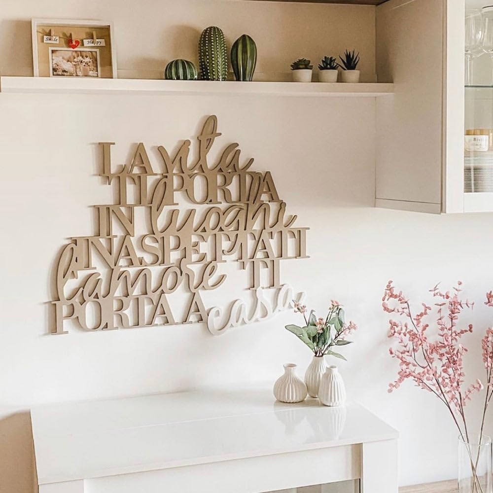 Declea Home Decor Decorazione Murale frase scritta su legno La vita ti porta in luoghi inaspettati, Scritta in legno famiglia casa per decorare le pareti