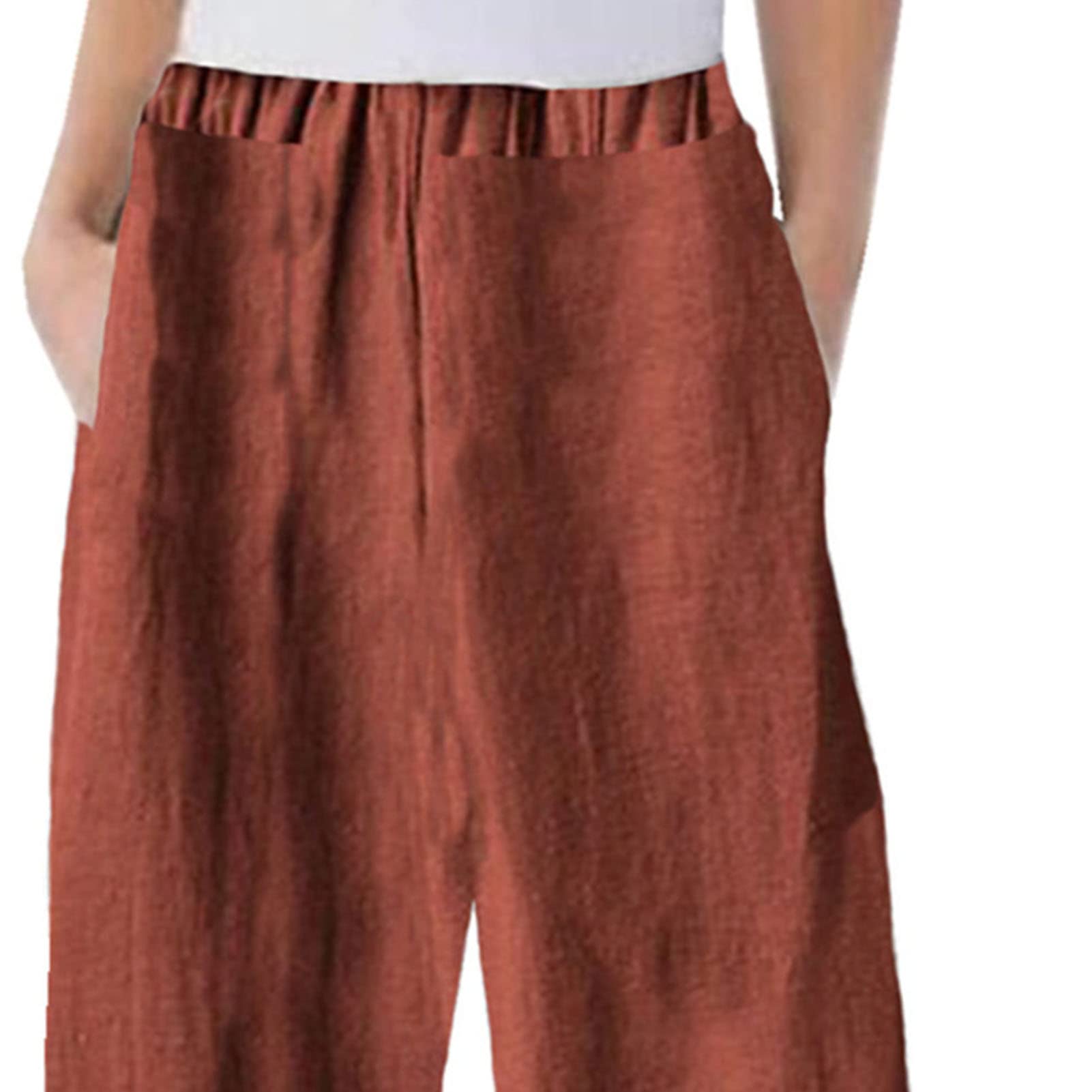 Maiyifu-GJ Women's Printed Linen Wide Leg Pants Summer Elastic Waist Beach Harem Trousers Lightweight Cropped Bottoms Pants (Brown,X-Large)