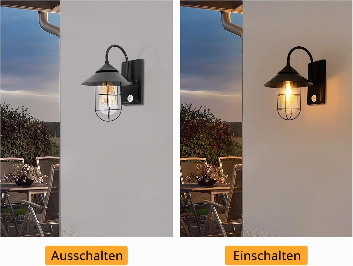 Außenlampe mit Bewegungsmelder, Vintage Wandleuchte E27, IP54 | Schwarze Metall-Außenleuchte mit Glasschirm und E27-Fassung für Hauswand, Eingang, Terrasse Ohne Leuchtmittel max. 60 W
