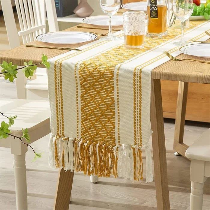 Image of Premium Boho Cotton Table Runner for 4 6 Seater Dining Table |Center Table |Coffee Table|Dining Table|Eating Area|Table Decor(14*72 INCHES)|Yellow White| SZPR 026