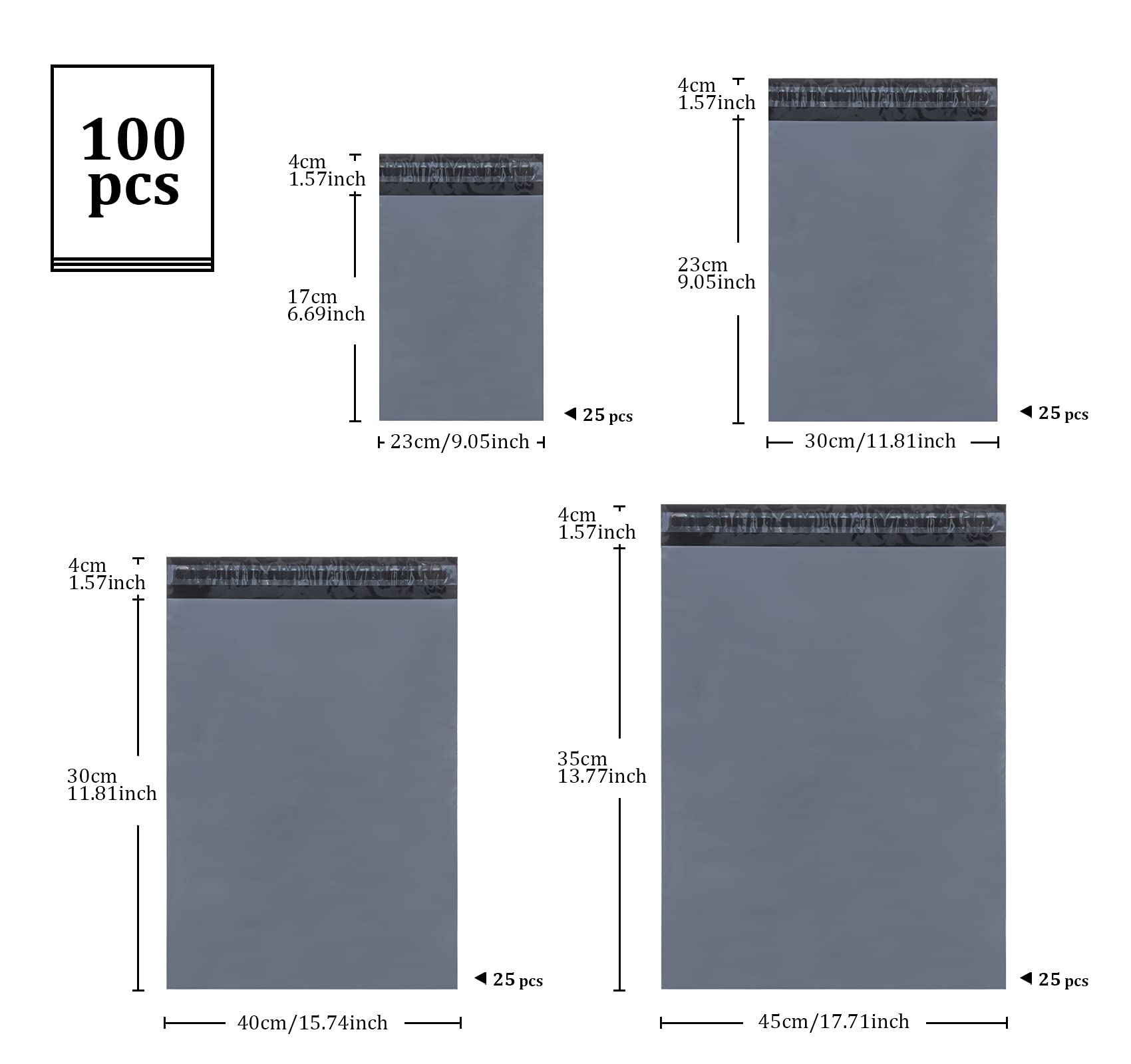 Bolsas postales, 100 bolsas de plástico para correo, pequeñas a grandes, mixtas, 4 tamaños, bolsas de correo autoadhesivas, sobres de polietileno para envío y embalaje (gris oscuro)