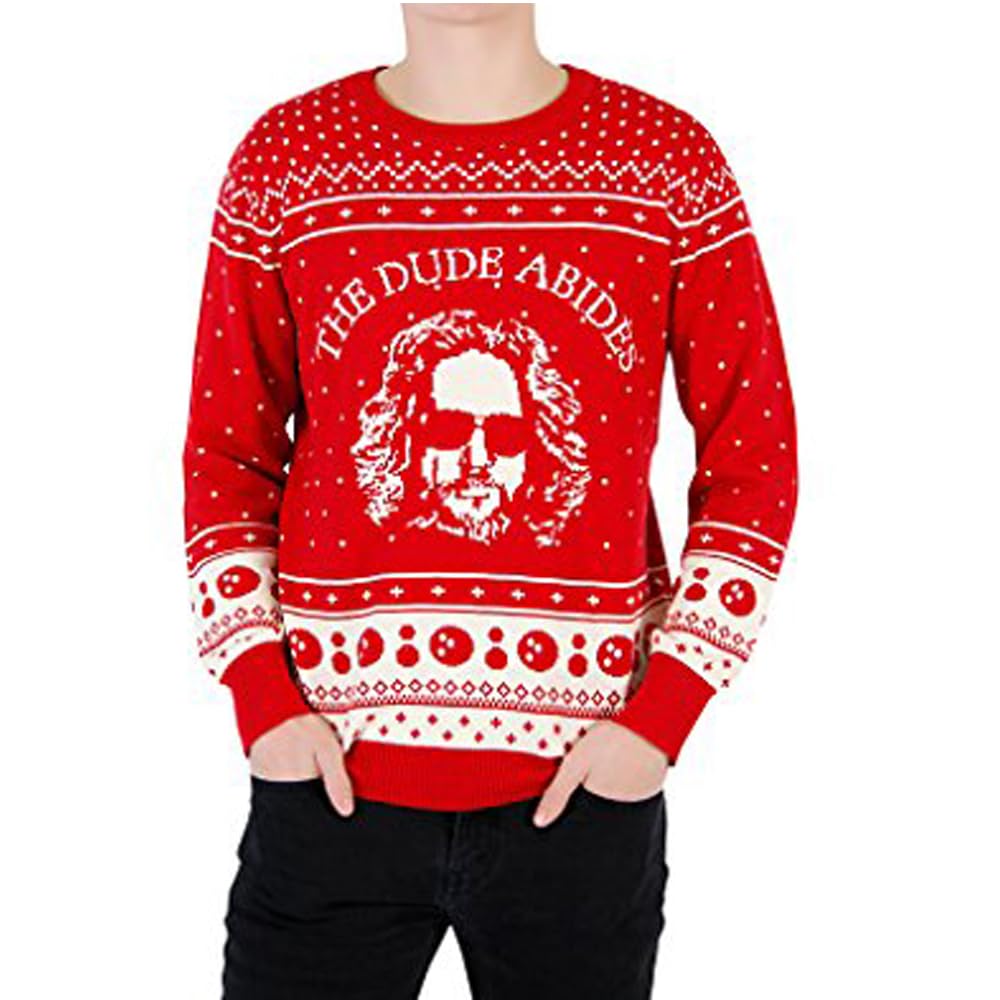 The Big Lebowski The Dude Abides Ugly Christmas Sweater (Medium) Red