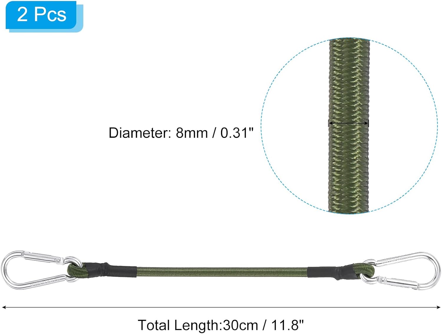 11.8 Inch Bungee Cords with Hooks, 2 Pack Heavy Elastic Straps Bungee Rope with Dual Aluminum Alloy Hooks for Camping Luggage Rack Bike Cargo Tent, Green