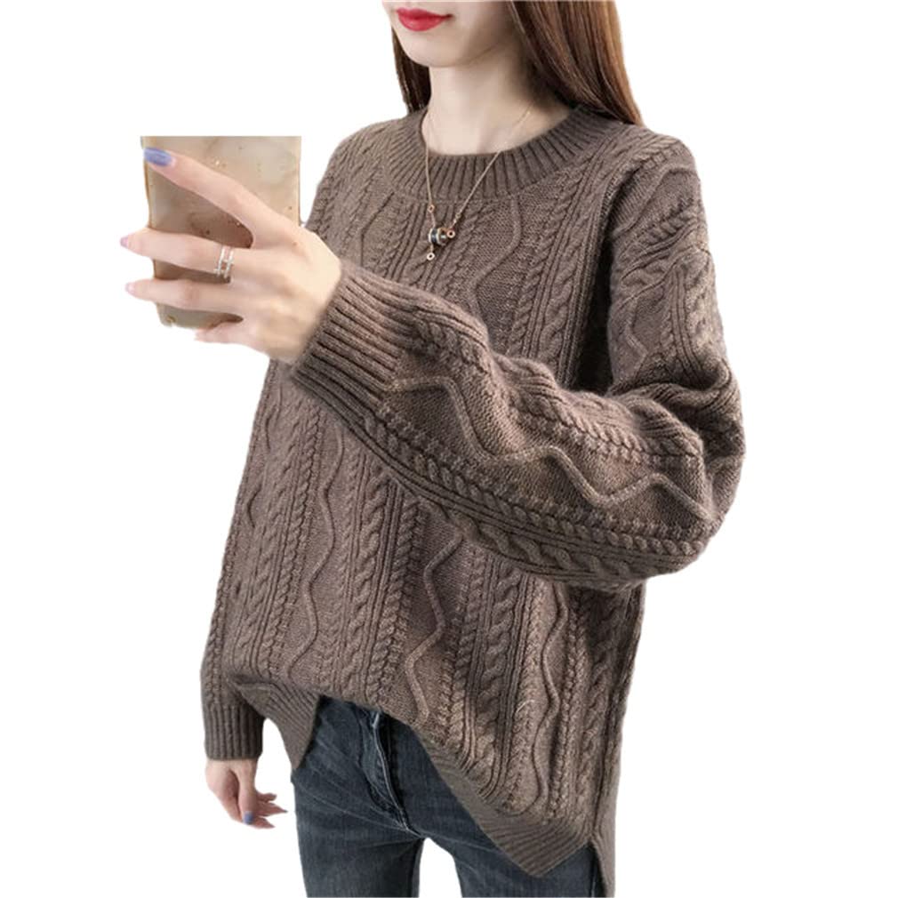 Kobiety jednolity kolor luźny sweter dzianinowy sweter swobodny dekolt O sweter z długim rękawem sweter sweter sweter sweter podstawowy sweter, Brązowy, M