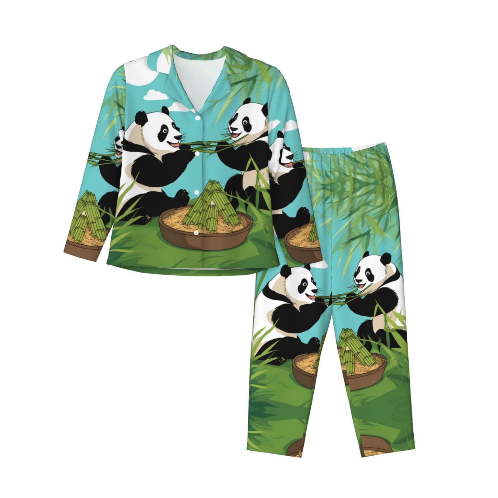 Conjunto de pijama de manga larga para mujer, dos bonitos pandas grandes, estampado de manga larga con botones, disponible en 5 tallas
