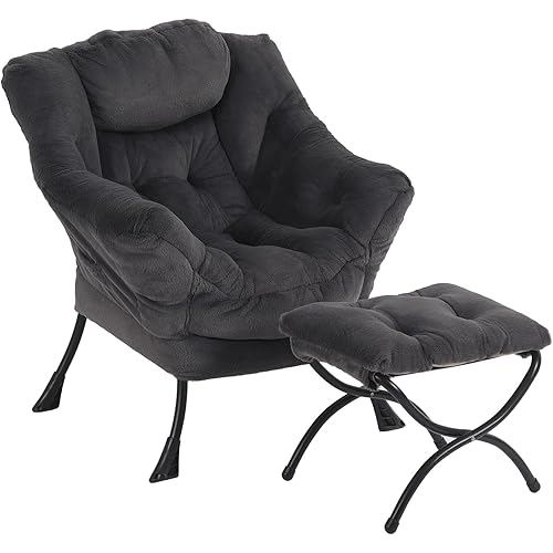 Lazy Chair with Ottoman, Modern Accent Chair with Armrests and a Side Pocket, Plush Navy Accent Chairs, Reading Chairs, Oversized Armchairs for Bedroom, Study, Living Room, Courtyard
