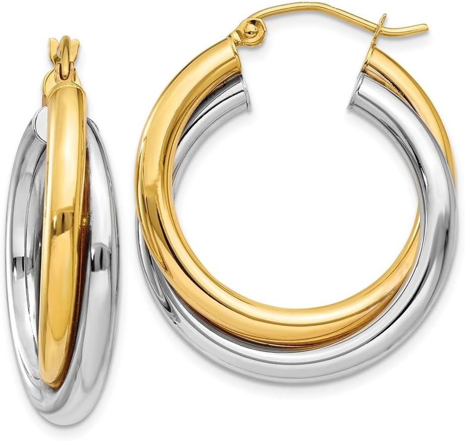 Diamond2Deal 14k Two-tone Double Hoop Earrings (L- 0.67 in, W- 0.24 in)