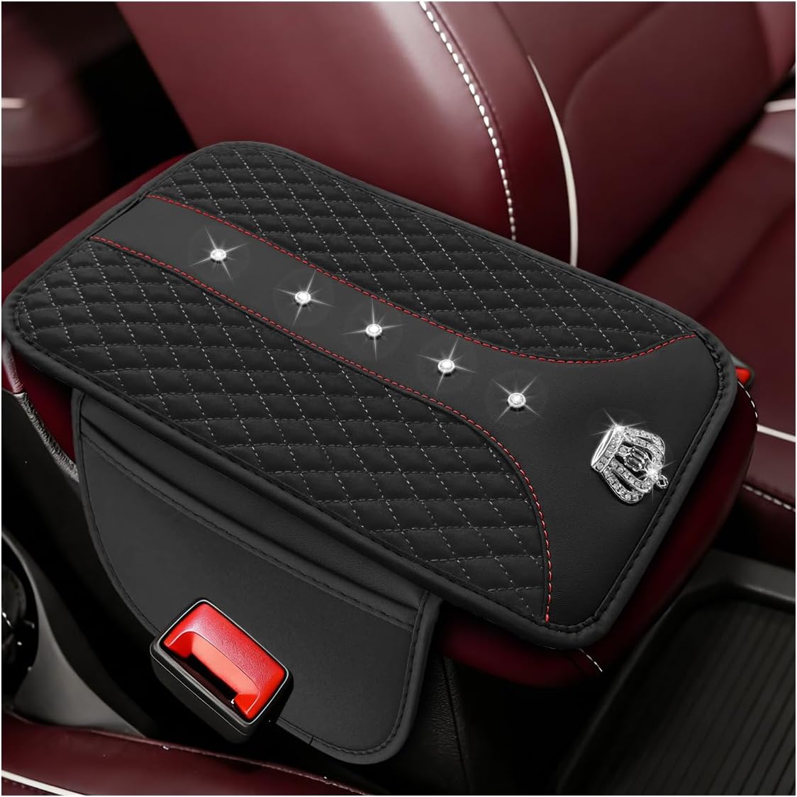 Bling Car Center Console Mat, PU Leather Armrest Cushion, Black