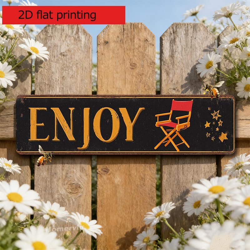 Decorative Tin Signs Retro Enjoy Director Chair Star Design Distressed Movie Theater Style Aluminum Rustproof Corrosion Resistant for Home Theater Living Room and Entertainm 4 * 16 Inches image 4