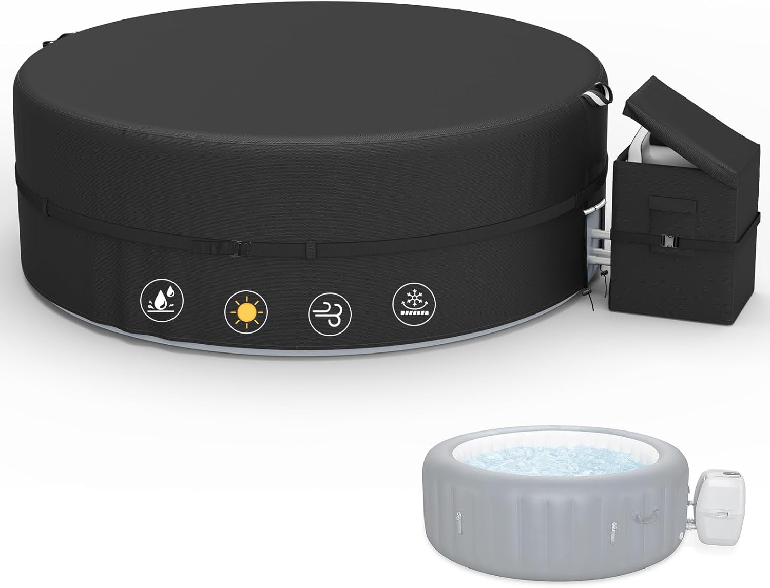 Portable Hot Tub Cover with Heater Pump Cover,Full Coverage Heavy Duty Waterproof and Windproof Outdoor Spa Covers for 85 Inch Round Spa Set,Black