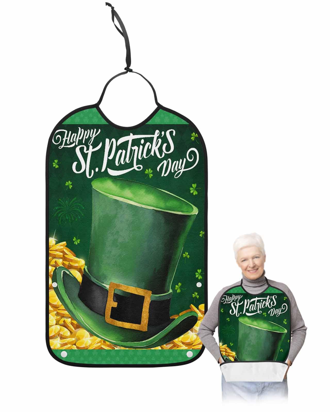 LEOKOTI St. Patrick's Day Adult Bibs for Eating, Waterproof Bibs with Food Catcher & Adjustable Snap Closure, Green Lucky Clover Golden Washable Clothing Protectors Adult Bibs for Elderly Women/Men