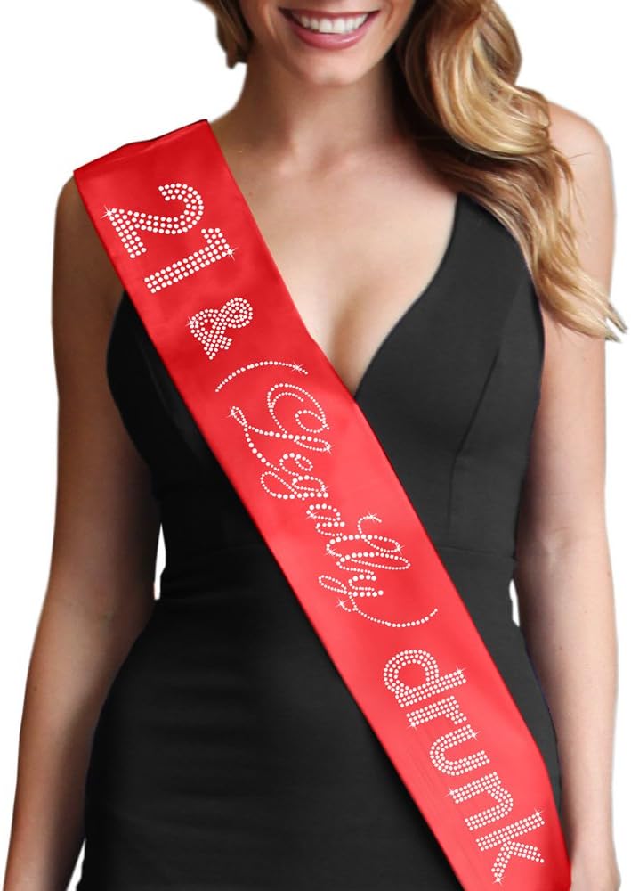 RhinestoneSash 21st Red, Silver Tiara Sash - Crystal 21 & Legally Drunk Red Satin Sash & Silver Tiara Headband Set - 21st Birthday Supplies & Decorations