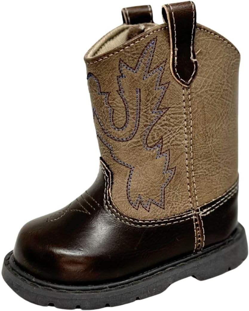 Baby Deer, Faux-leather, Rubber-soled, Kids Round Toe Western Boot for Toddler Boys or Girls with Ornamental Cowboy Stitching and Hook-and-loop Closure