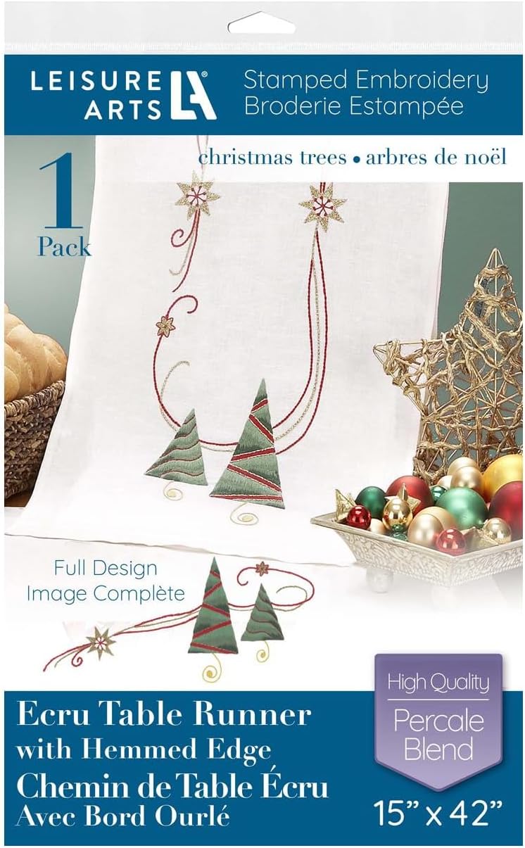 Leisure Arts Table Runner 15"X42" Ecru Xmas Trees, Kitchen Table Runner, Embroidery Kit, Kitchen Runner, Cross Stitch Kits for Beginners, Embroidery Patterns, Fabric