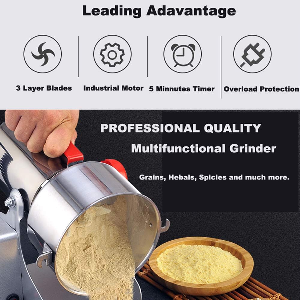 Electric and Grinder Mill - Stainless Steel Food Grade Gristmill with High Speed Motor - Timing Switch and Overload Protector for Cereals Coffee and Powder Processing