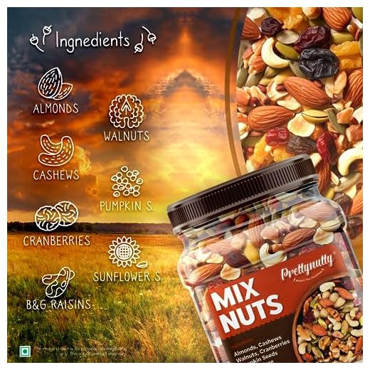 PrettyNutty Healthy Nutmix 1kg, Dried Almonds, Black Raisins, Cashewnuts, Cranberries, Green Raisins, Walnut Kernels & Many More. Pack of 2 (500g Each Jar)