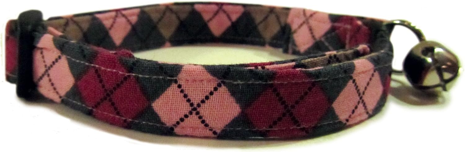 CritterGear Breakaway Cat Collar in Grey Pink Argyle (Handmade in The U.S.A.)