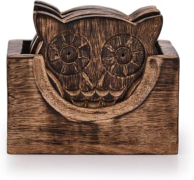 NIRMAN Wooden Crafted Coaster Set of 6 with Coasters Holder for Drink Bar Coaster Tea Coffee Mug Tabletop Barware Drink Handmade Dining Home Decor Owl Shape