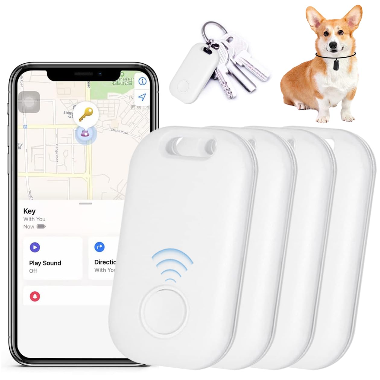 Item Finder Key Locator with Sound, Item Finders GPS Keys Trackers, Bluetooth Item Tracker with Key Chain Item Locator for Keys Bags Wallets, Anti-Lost Device Work with Apple Find My(4 Pack, White)