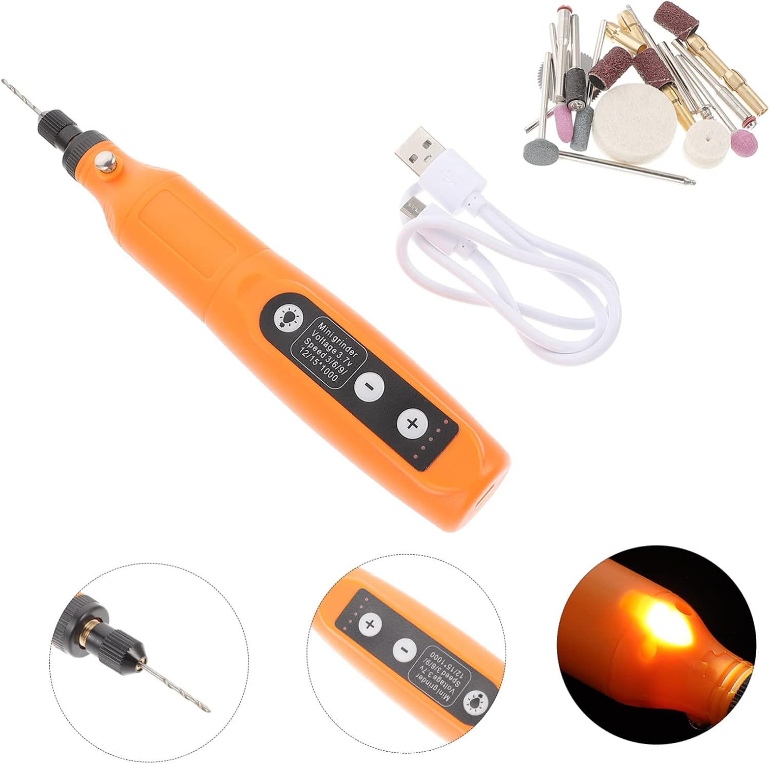 ORFOFE 1Set USB Mini Cordless Rotary Tool with Speed Control and Built Lamp for Sanding Polishing and Nail Grinding Ergonomic Design