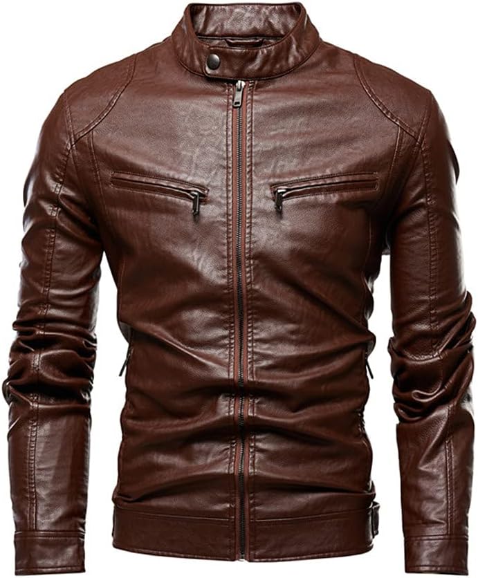 Men's Fleece Biker Leather Jackets Simple Style Stand Collar Coats Male Faux Leather Bomber Outwear