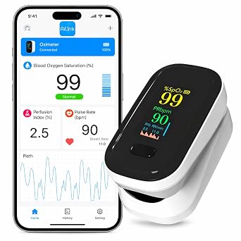 Oxygen Monitor Finger Adults, Bluetooth Pulse Oximeter, Blood Oxygen Saturation Monitor Finger with SpO2, Pulse Rate & Perfusion Index, Fingertip Sats Monitor with Free iOS/Android App
