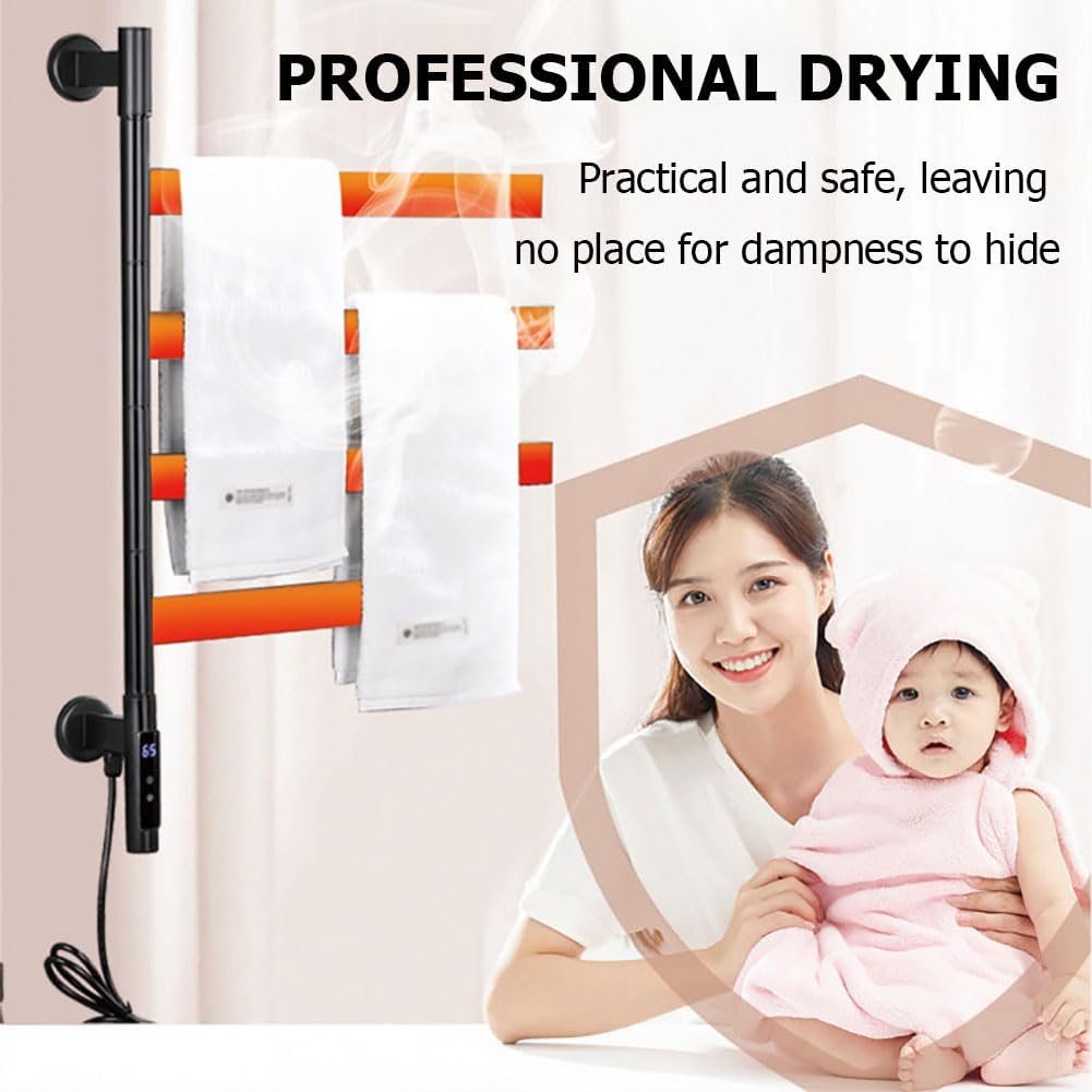 Electric Towel Heated Rack,Rotating Towel Warmer Rack Wall Mounted, 4-Bar Stainless Steel Drying Racks with Timer & Temperature Multi-Level Adjustments,Black