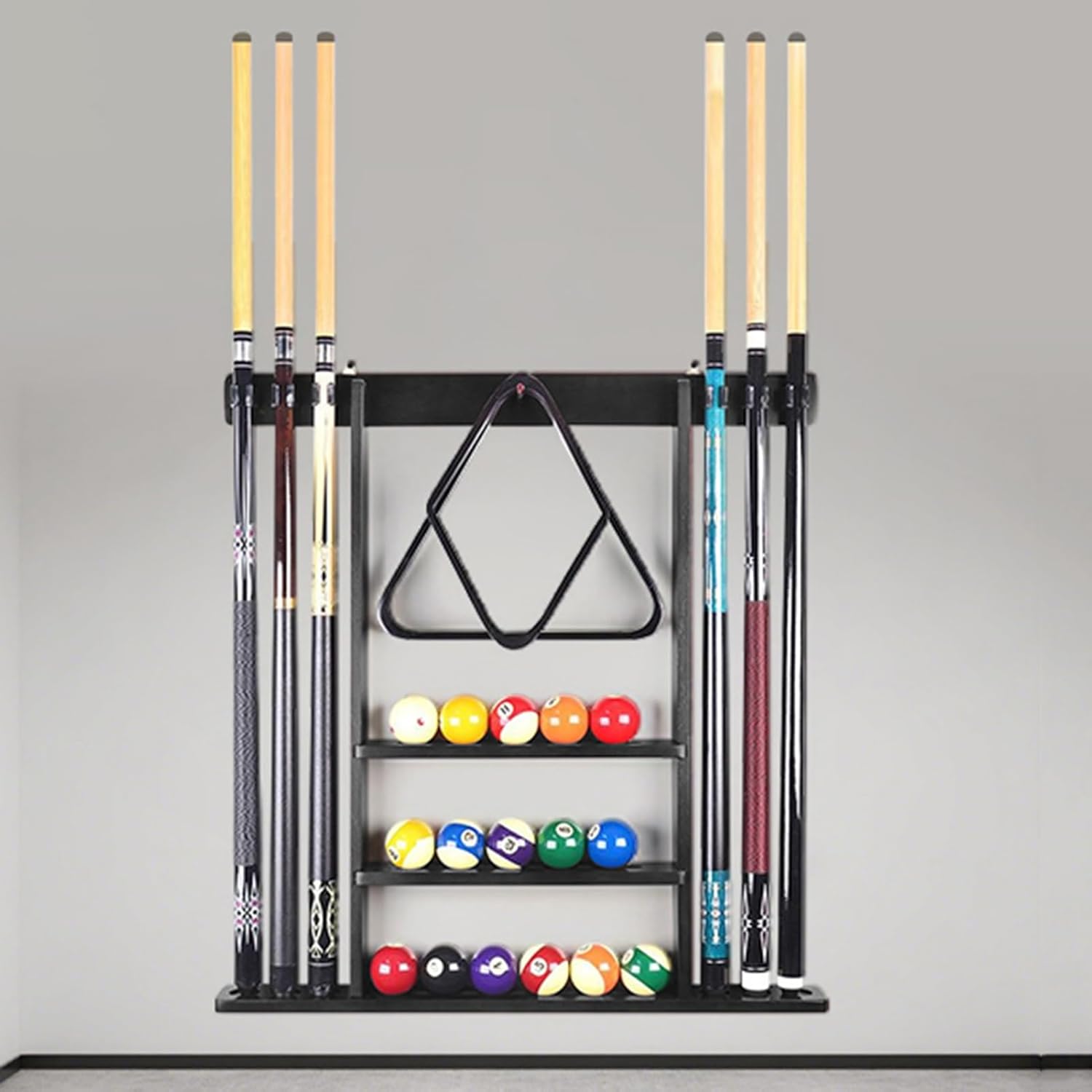 Wall-mounted Billiard Cue Rack Hold 6 Cues,solid Wood Pool Cue Stick Holder,for Game Room Clubs and Bars,Easy to Assemble(Color1)