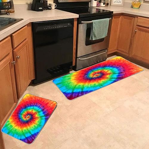 Miniatura 4 de Juego de 2 alfombras de cocina de 17 x 48 pulgadas, 17 x 24 pulgadas, diseño de teñido anudado en espiral, alfombras y tapetes de cocina