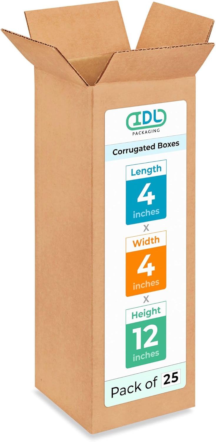 Tall Moving & Shipping Boxes 4"L x 4"W x 12"H (25-Pack) - Extra Strength 200 lb vs Regular - Corrugated Moving Boxes for USPS/UPS/FEDEX - Packing Box - Packing Box for Moving by IDL Packaging