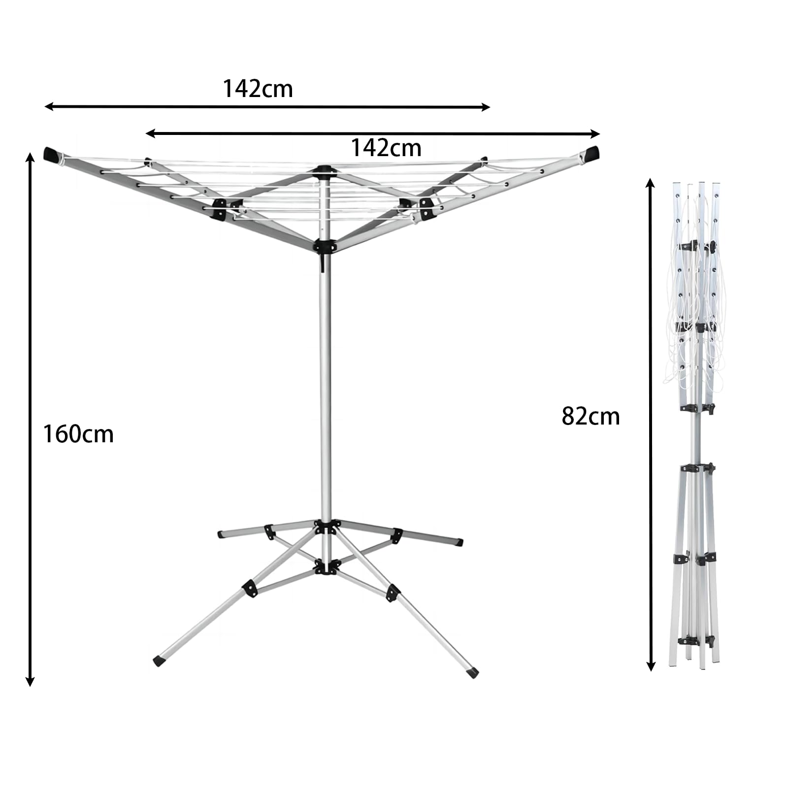 Wäschespinne 142x142x160cm, inklusive Aufbewahrungstasche, Klappbar und Tragbar, Einfache Installation, Innen Und Außen Verwendbar, Aluminium Gestell