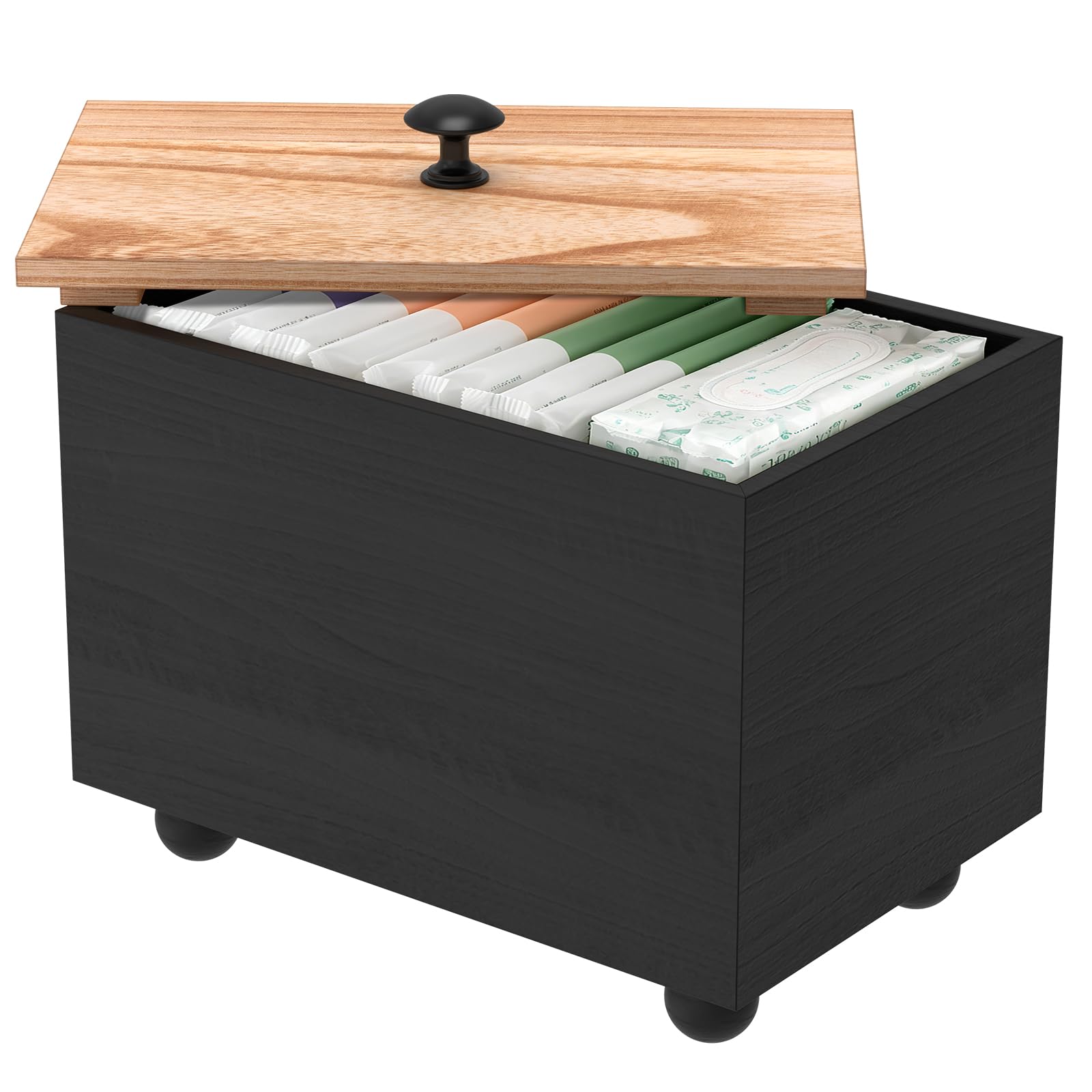 Wood Tampon Holder, Tampon Storage Box with Lid, Bathroom Tampons Caddy Box, Bathroom Pad Organizer, Tampons and Pad Container, Lady Stuff Boxes, with 4 Legs 20x13x15.4cm for Women(black)