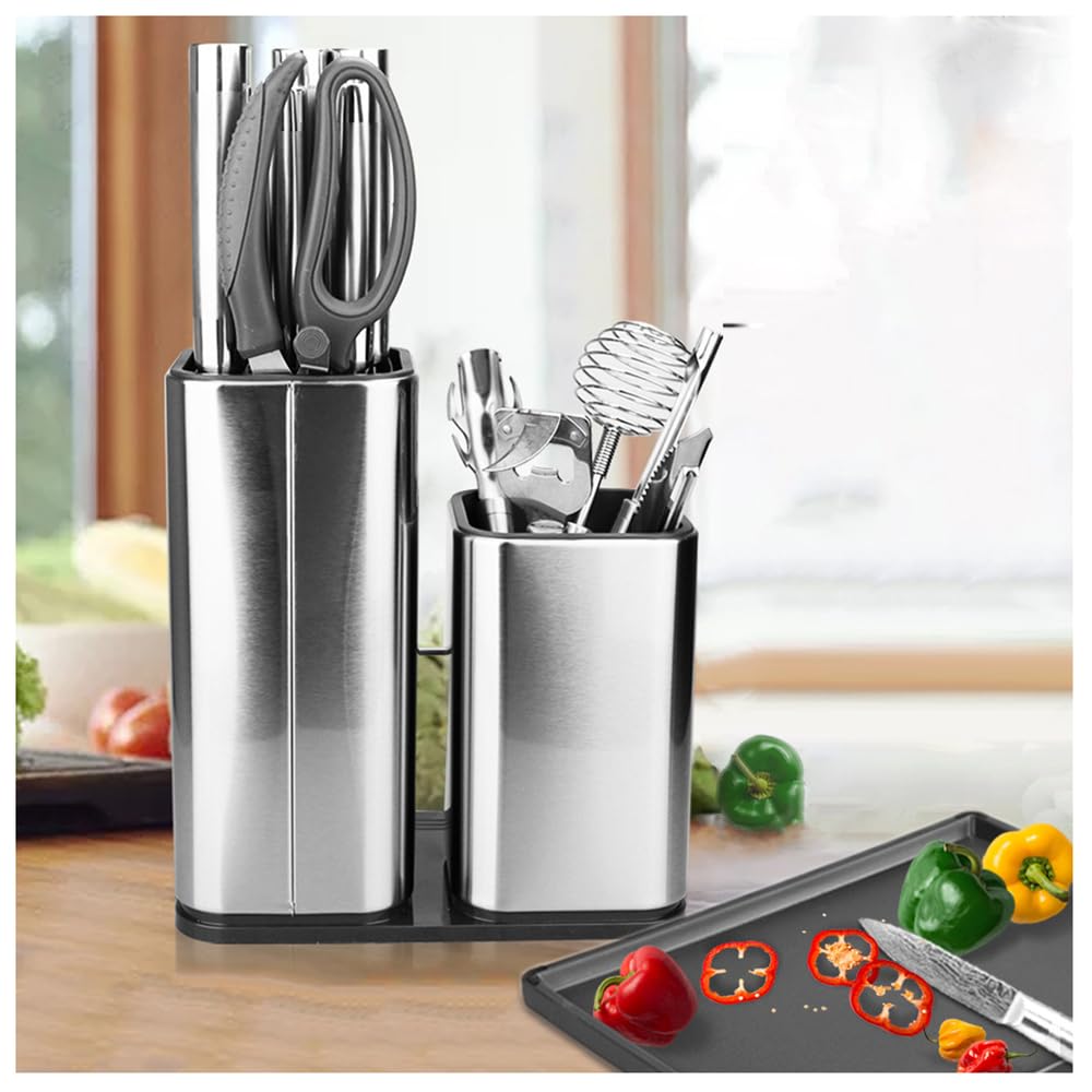 2 en 1 Bloque de, Soporte Cuchillos Cocina, Porta Cuchillos Universal, Cuchillero para Cocina Sin Cuchillo, Portacuchillas con Ranura Extraíble y Orificio de Drenaje