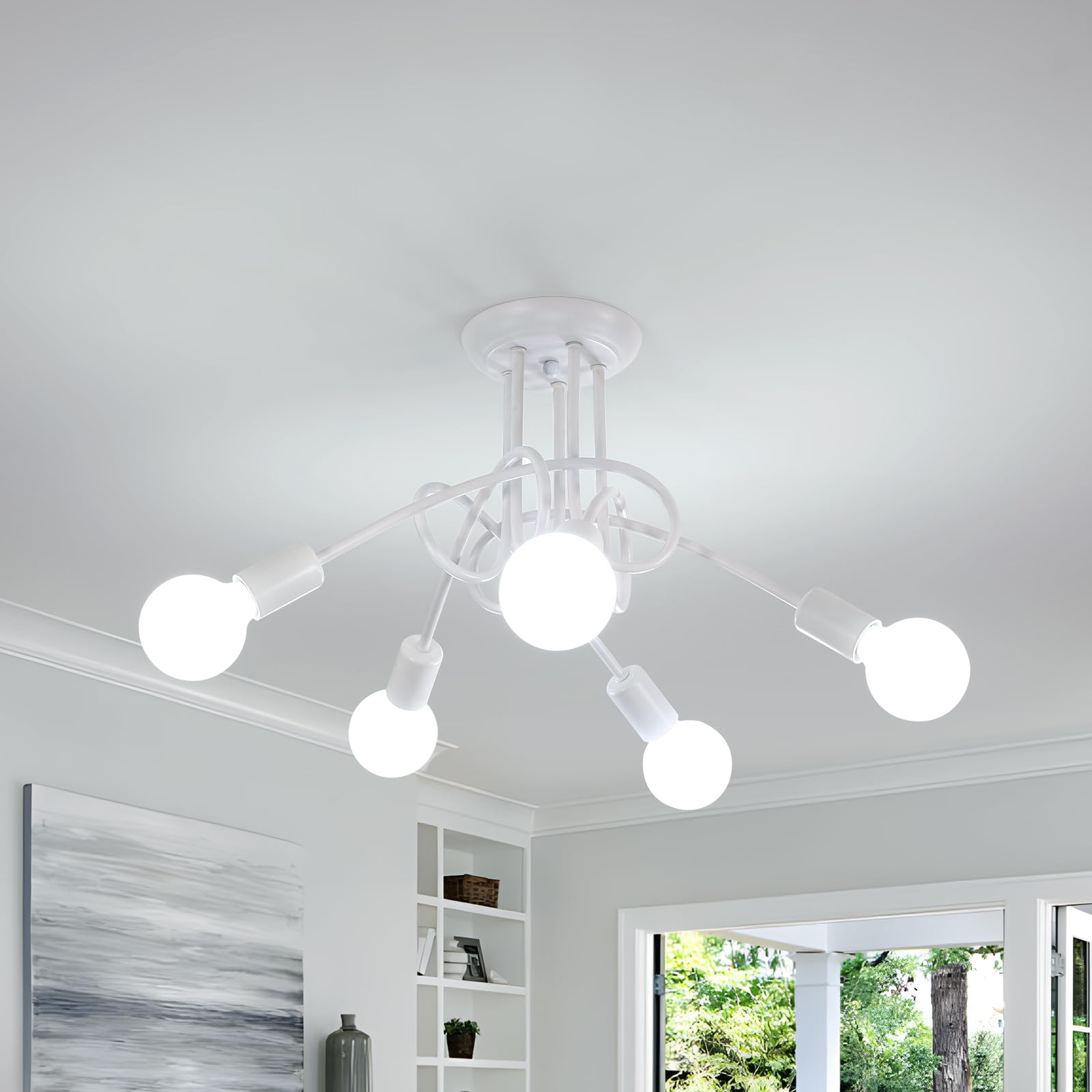 Riserva Lampadario Vintage, Plafoniera Soffitto Industriale E27, 5 Luci Lampada da Soffitto in Metallo per Soggiorno, Cucina, Camera da Letto, Ristorante, Cafe, Bianco (senza lampadine)