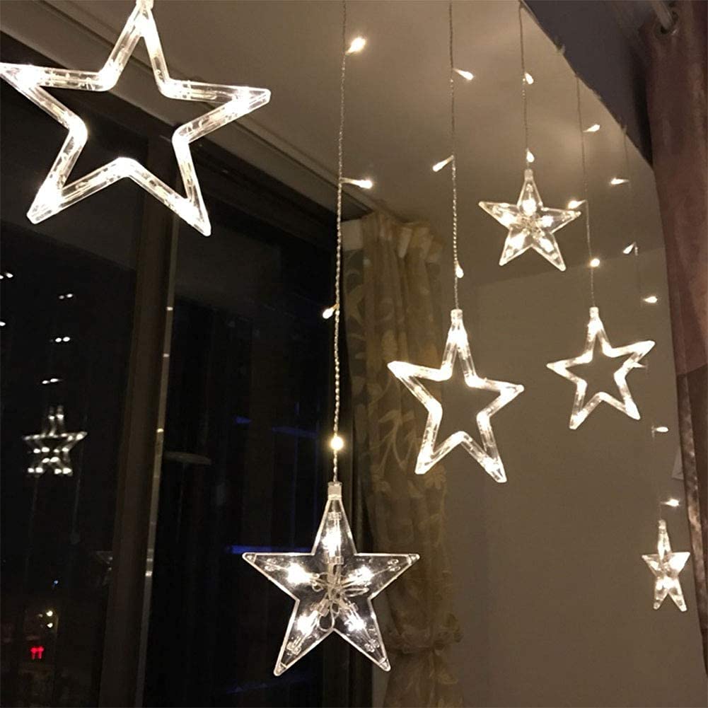 Cadena de luces LED para cortina, funciona con pilas, 2,5 m con 12 estrellas, 138 luces LED, 8 modos de luces de Navidad para árbol de Navidad, fiesta, boda, dormitorio, decoración de Navidad (blanco)