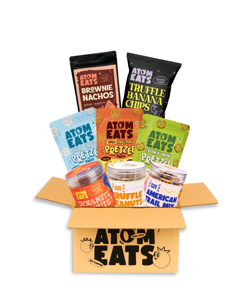 Atom Eats Parent's Favourite Combo (Pack of 8) | Perfectly Balanced & Spicy Gourmet Snacks | Premium Rakhi Gift Box for Snack Lovers | Imported Quality | 570g