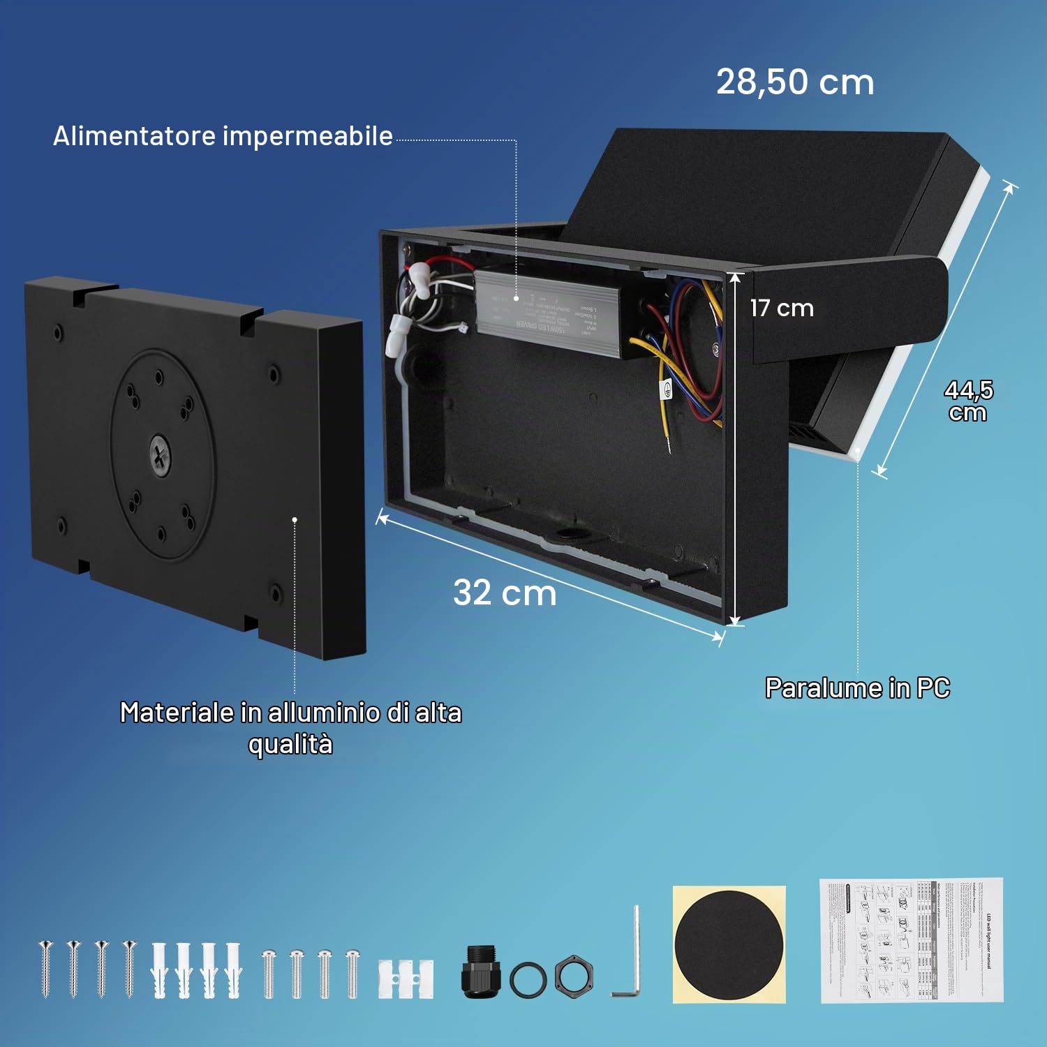 Kingwen 120W Applique LED da Parete Esterno Pannello Rotante 360° Nero | 6000K IP65 14000 lm, corpo nero in alluminio pressofuso con diffusore in PC, ideale per terrazza, balcone e garage.